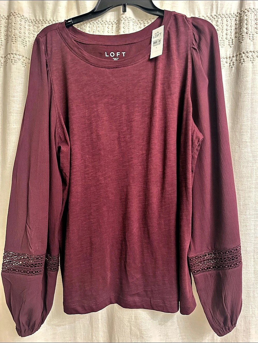 LOFT Long Sleeve Tee Lace design on sleeve in Burgundy Size Large NWT